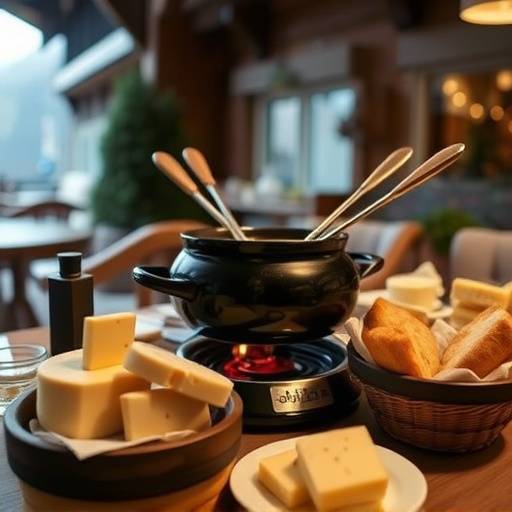 A fondue pot with bread and cheese in a cozy Swiss chalet, Zermatt