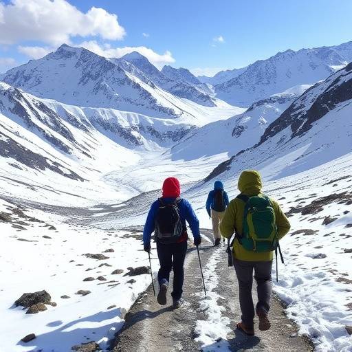 A group of hikers trekking through a snowy mountain pass in the Swiss Alps, Zermatt