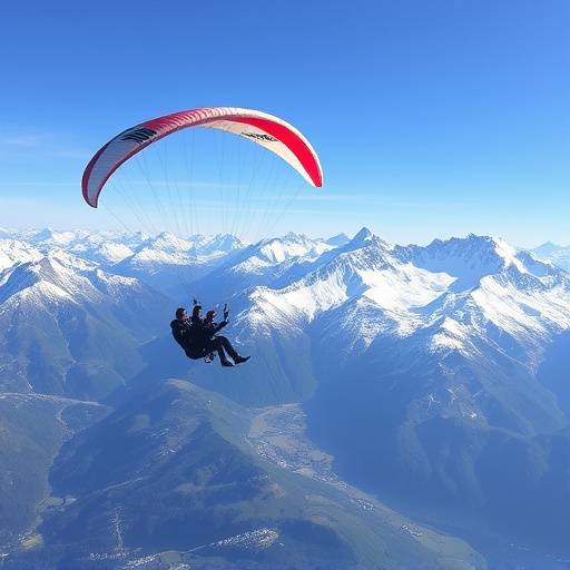 A paraglider soaring over the snow-capped Swiss Alps, Zermatt