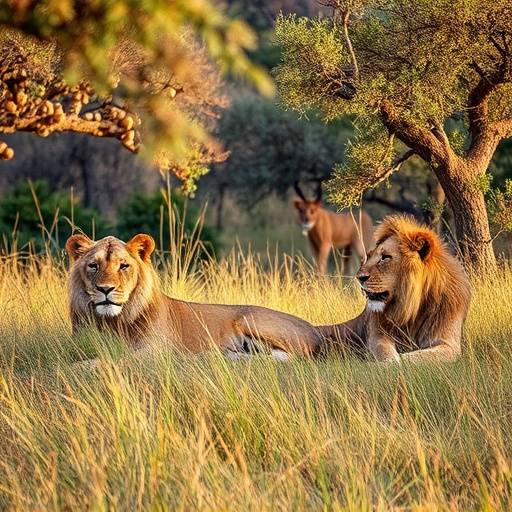 A pride of lions relaxing in the Kruger National Park, with tall grass and acacia trees in the background