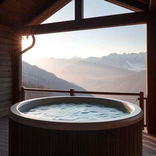 An outdoor hot tub overlooking a mountain vista in the Swiss Alps, Zermatt