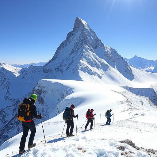 Hikers traversing a snow-covered mountain peak during the Matterhorn Ascent Tour