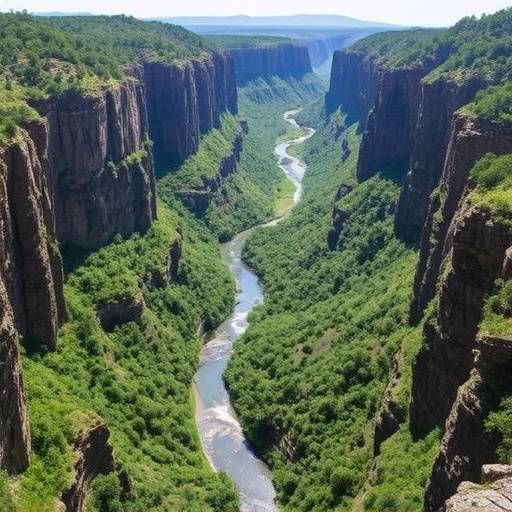Panoramic vista of the Blyde River Canyon, showcasing its dramatic cliffs, lush vegetation, and winding river