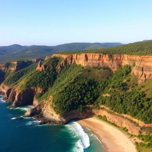 Scenic view of the Garden Route coastline, with rugged cliffs, sandy beaches, and lush forests