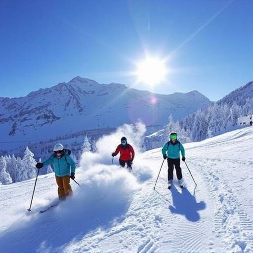 Skiers carving through fresh powder snow on the slopes of St. Moritz during the St. Moritz Ski Adventure