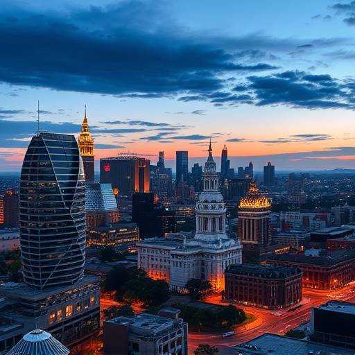 The Johannesburg skyline at dusk, showcasing modern buildings alongside historic landmarks
