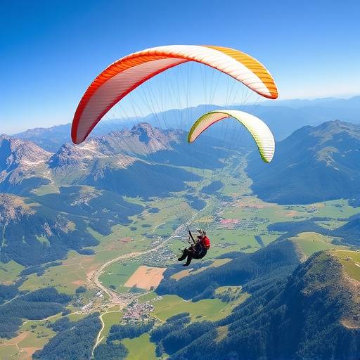Tourists paragliding over a valley in the Alps during the 'Alpine Paragliding Adventure' tour